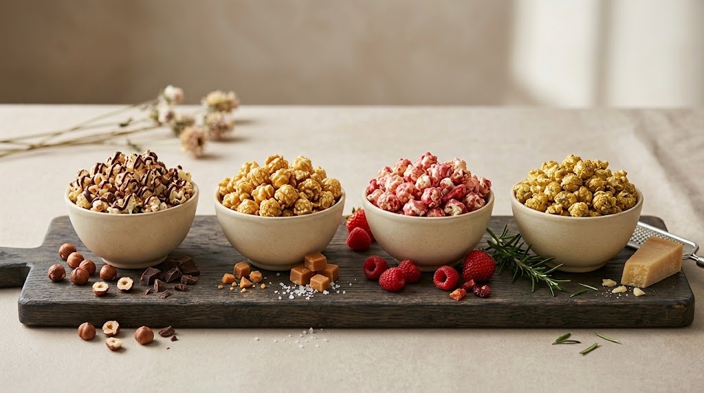Bowls con palomitas de colores y sabores: chocolate, caramelo, frutos rojos y queso